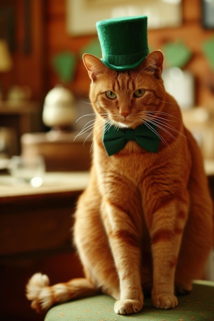 ginger cat in a green hat and a green bow tie in a cafe