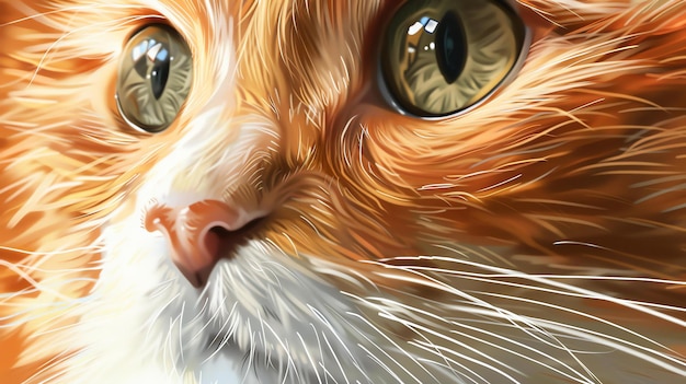 A ginger cat is looking at the camera with wide green eyes The cats fur is soft and fluffy and the background is a blurry orange