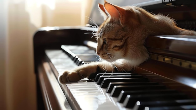 A ginger cat is lying on the keys of a piano The cat is looking away from the camera with its eyes closed