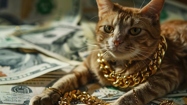 Photo a ginger cat is lying on a pile of money