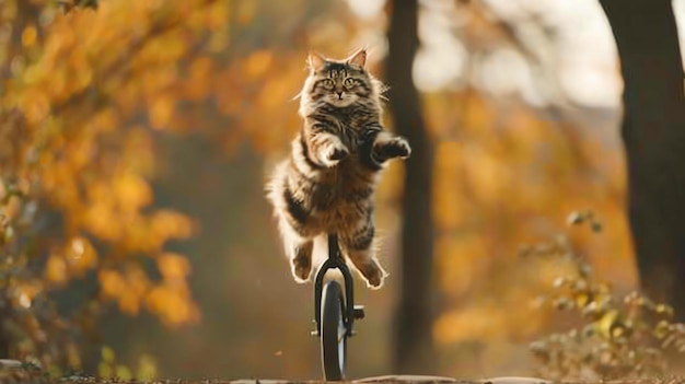 A ginger cat is riding a unicycle through a forest The cat is wearing a helmet and is pedaling furiously