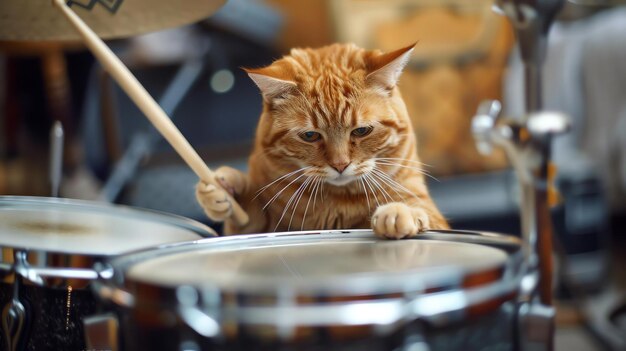 Photo a ginger cat is sitting on a drum set the cat has its paw on the cymbal and is looking at the camera the cat is wearing a serious expression