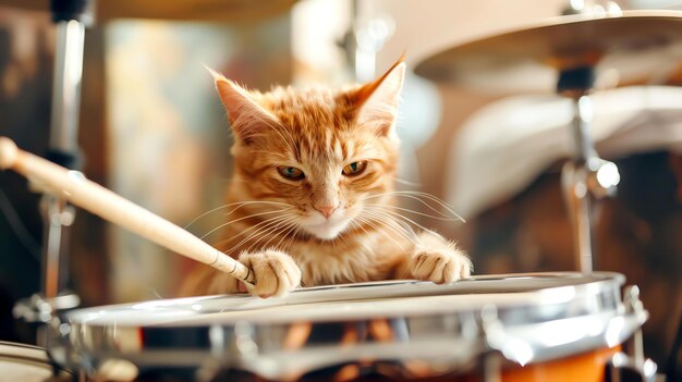 Photo a ginger cat is sitting on a drum set the cat has its paws on the drum and is looking at the camera