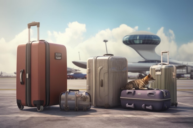 A ginger cat is sitting on suitcases lying outdoors at the airport