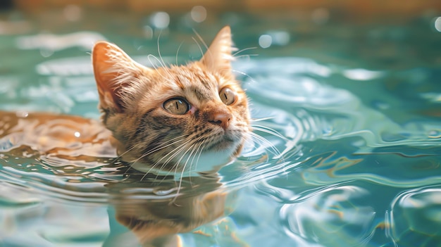 A ginger cat is swimming in a pool of water The cat is looking up at something The water is clear and blue