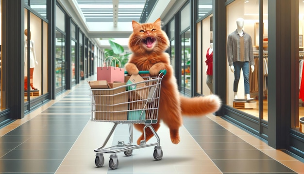 진저 고양이가 웃고 쇼핑 센터의 복도에서 쇼핑 카트를 들고 있습니다.