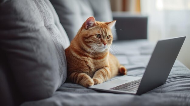 A ginger cat lies on the sofa in front of a laptop against the backdrop of the living room concept