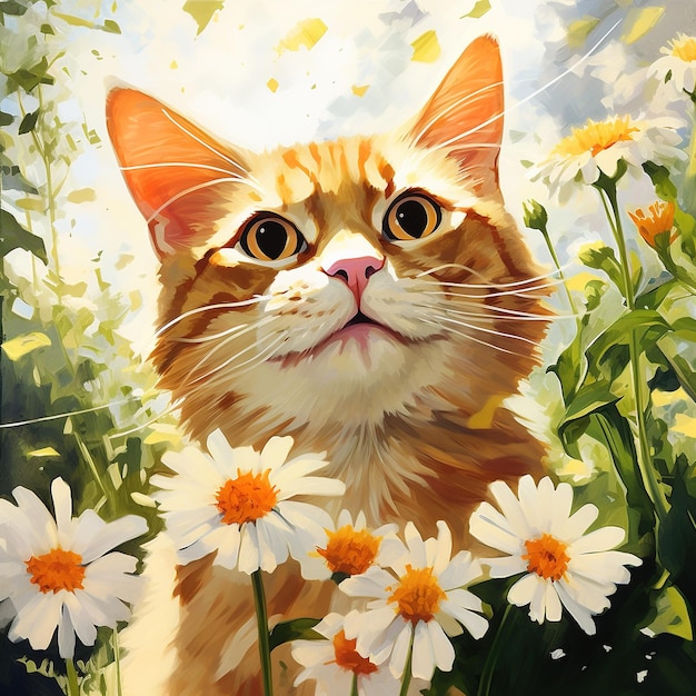 Ginger cat looking at daisies in a field
