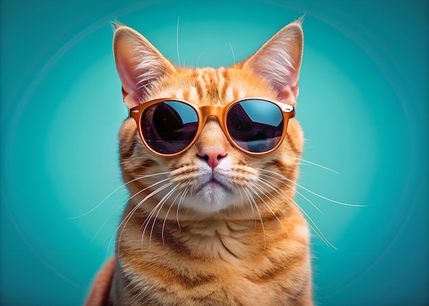 Ginger Cat met zonnebril geïsoleerd op Deep Cyan