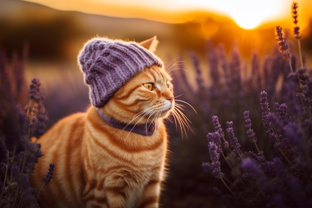 Ginger cat in purple knitted hat in sunset lavender field Generative AI