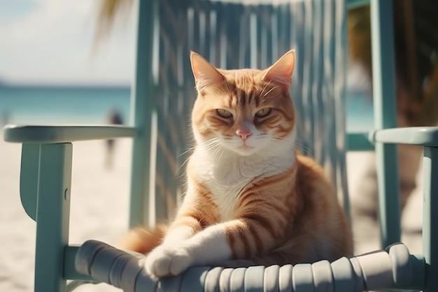 Ginger cat resting on beach chair Cat tropical vacation AI generated