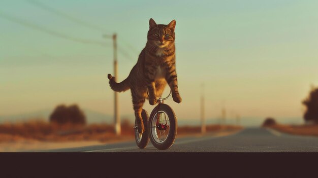 Photo a ginger cat rides a tricycle down a lonely road the cat is wearing a determined expression as if it is on a mission