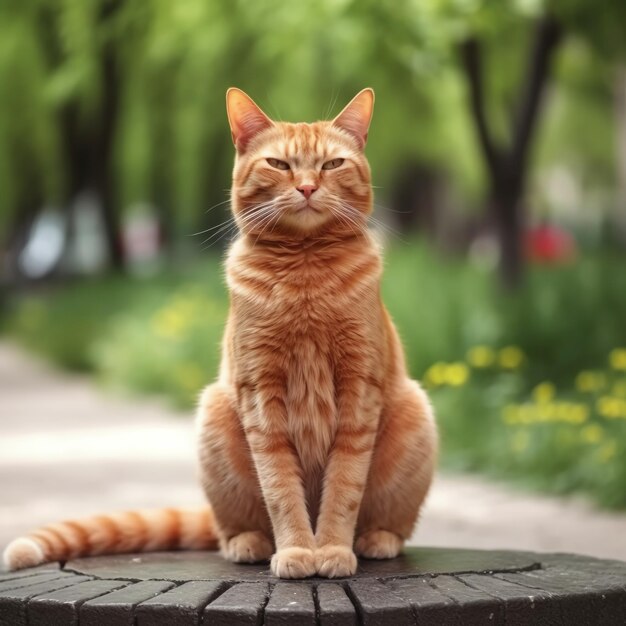 Photo a ginger cat sits outside in a park and basks in the sun