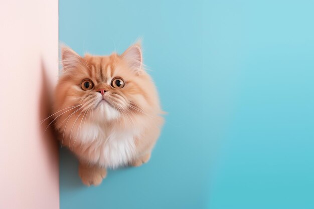 Photo ginger cat sitting on blue background floor asks for food closeup top view soft selective focus