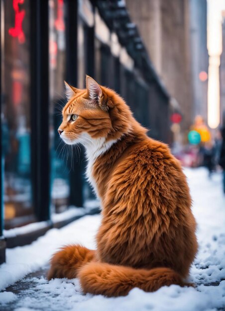 Ginger cat sitting on snow and looking at camera Winter background ai generative