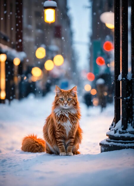 Рыжий кот сидит на снегу и смотрит в камеру Зимний фон