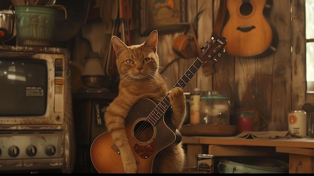 Photo a ginger cat sitting on a table in a rustic room the cat is playing an acoustic guitar the cat is looking at the camera