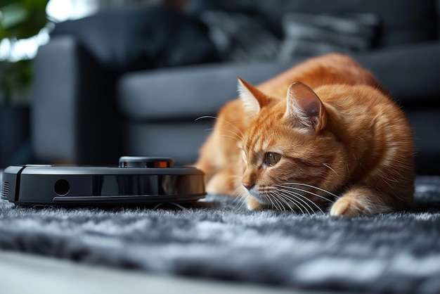 ginger cat warily plays and hunts for a working robot vacuum cleaner on the carpet