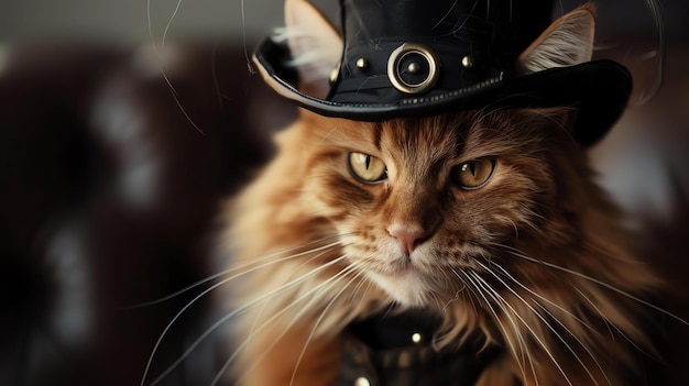 A ginger cat wearing a black steampunk hat and collar looks out over the city from a rooftop