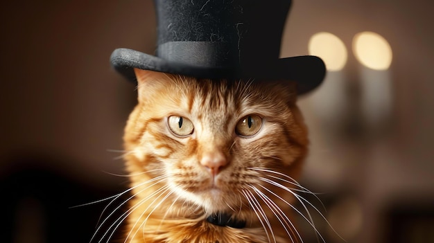 A ginger cat wearing a black top hat is looking at the camera with a curious expression