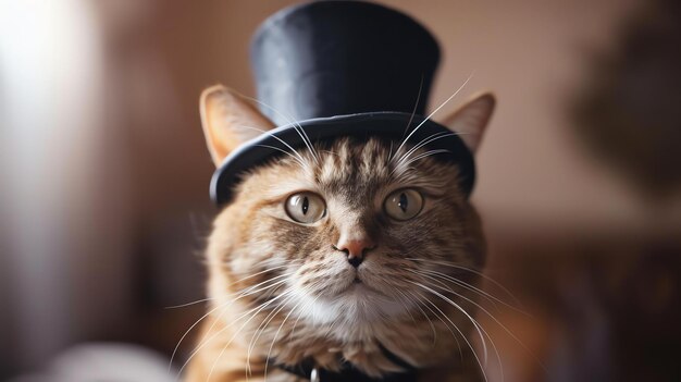 Photo a ginger cat wearing a black top hat is looking at the camera with wide eyes the cat is sitting on a white surface and the background is blurred