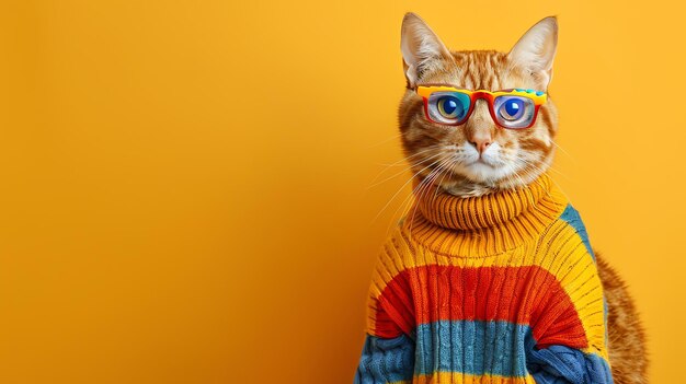 A ginger cat wearing a colorful striped sweater and glasses is sitting on a yellow background