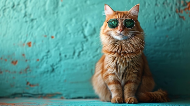 A ginger cat wearing sunglasses is sitting in front of a blue background