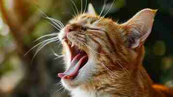 Photo ginger cat yawning in the sun with its mouth wide open exposing its teeth and tongue