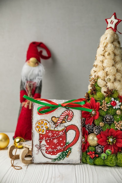 Ginger Christmas cookies on a white wooden table.