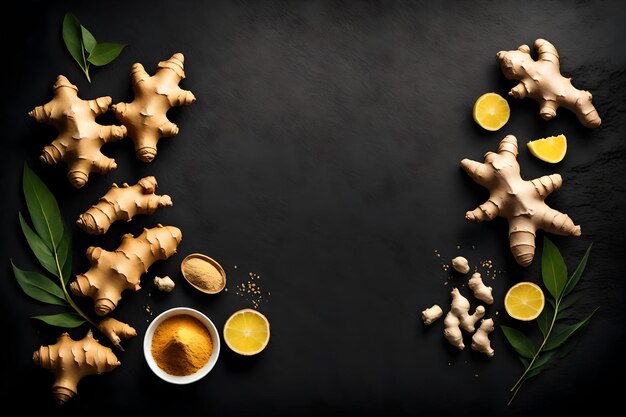 Ginger composition flat lay with free space for copy black rock background
