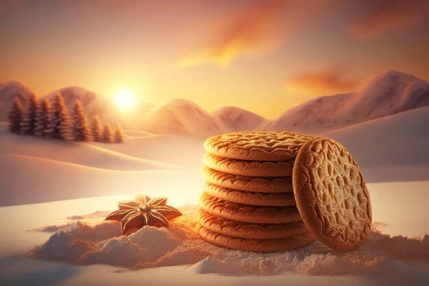 Photo ginger cookies 3d advertising photo sunrise christmas background