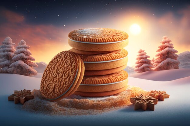 Photo ginger cookies 3d advertising photo sunrise christmas background