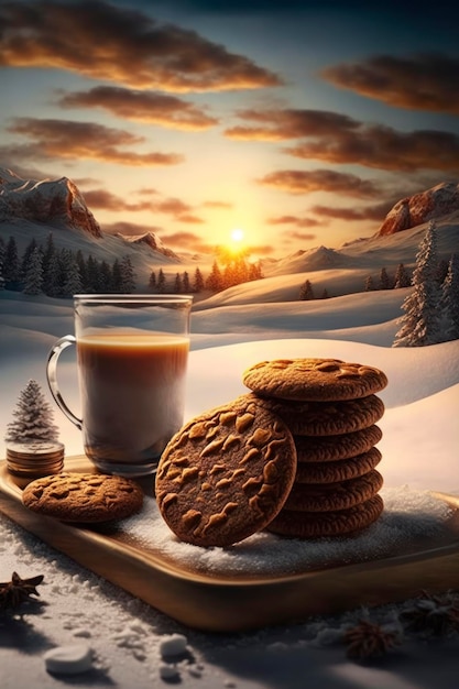 Ginger cookies 3d advertising photo sunrise Christmas background