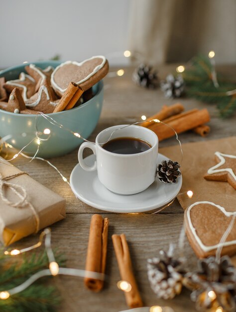 Ginger cookies, coffee, top view, christmas table, natural background