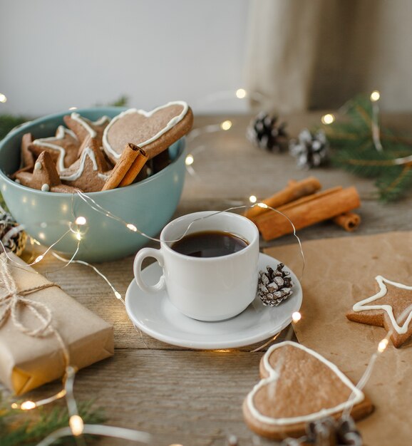 Ginger cookies, coffee, top view, christmas table, natural background