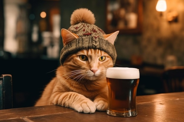 Ginger cute kitten in chunky knit hat in pub Generative AI