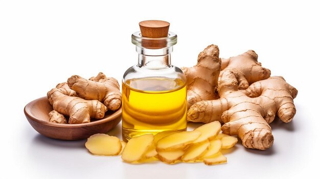 Photo ginger essential oil extract with powder and rhizome
