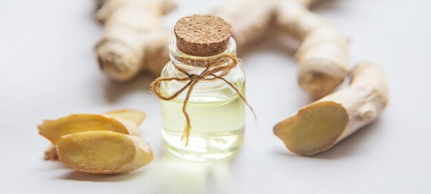 Ginger essential oil in a small bottle