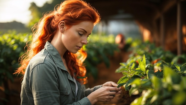 写真 ジンジャー農家 女性が有機野菜の収で品質管理をしています 地元の農業