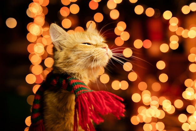 Ginger fluffy cat with warm yellow bokeh