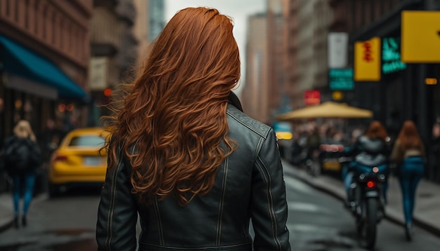 Una ragazza rossa con i capelli lunghi sta con la schiena sulla strada della città al tramonto ia generatrice