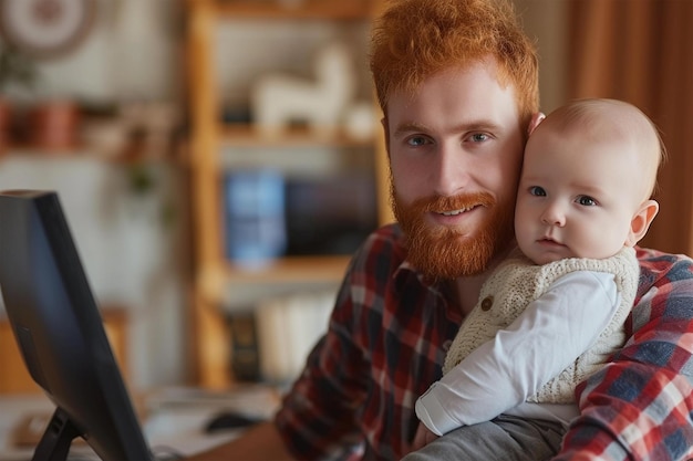 Ginger handsome young father with baby in his hands in home office