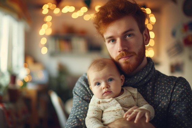 Ginger handsome young father with baby in his hands in home office