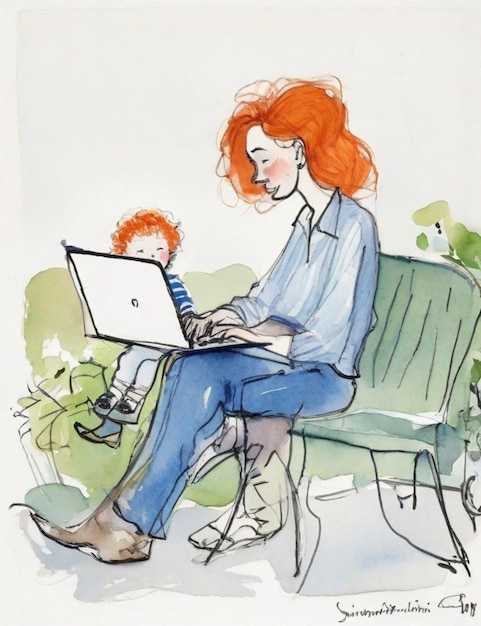 Ginger jonge vrouw en zoon op afstand werken met laptop van thuis naar buiten waterverf illustratie