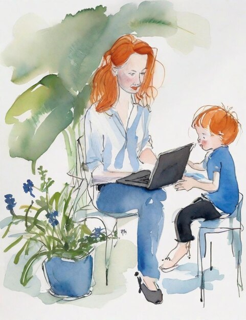 Ginger jonge vrouw en zoon op afstand werken met laptop van thuis naar buiten waterverf illustratie