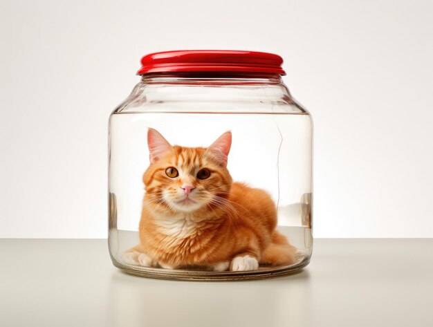 Ginger kat in een grote glazen pot geïsoleerd op een witte achtergrond