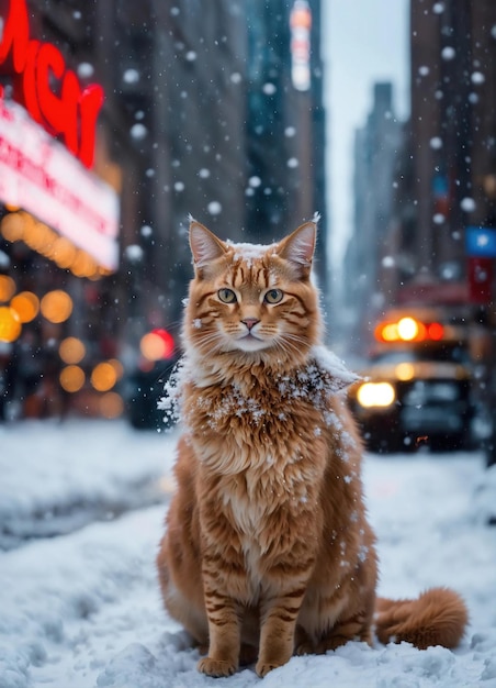 Ginger kat zit op sneeuw en kijkt naar de camera Winter achtergrond ai generatief