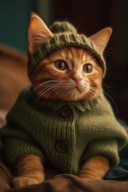 Ginger kitten in chunky knit green sweater and hat Generative AI