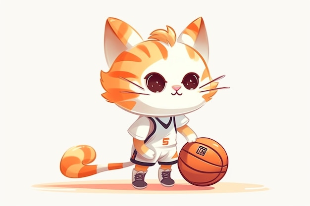 Ginger kitten in een baketball uniform met een bal op een witte achtergrond AI Generated