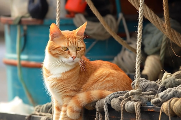 Ginger kitten in grof gebreide trui zittend op een boot Generatieve AI